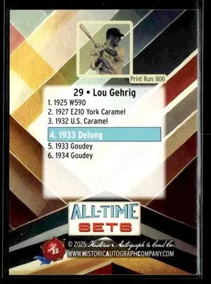 2025 HAC All-Time Sets Lou Gehrig #29 Tier 1 #/800 (1933 Delong) Yankees - Baseball Card Single