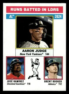 Baseball card featuring Brent Rooker, Aaron Judge, and José Ramírez from 2025 Heritage series