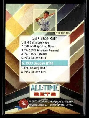 2025 Historic Autographs All-Time Sets Babe Ruth #58 Tier 1 #/800 (1933 Goudey)