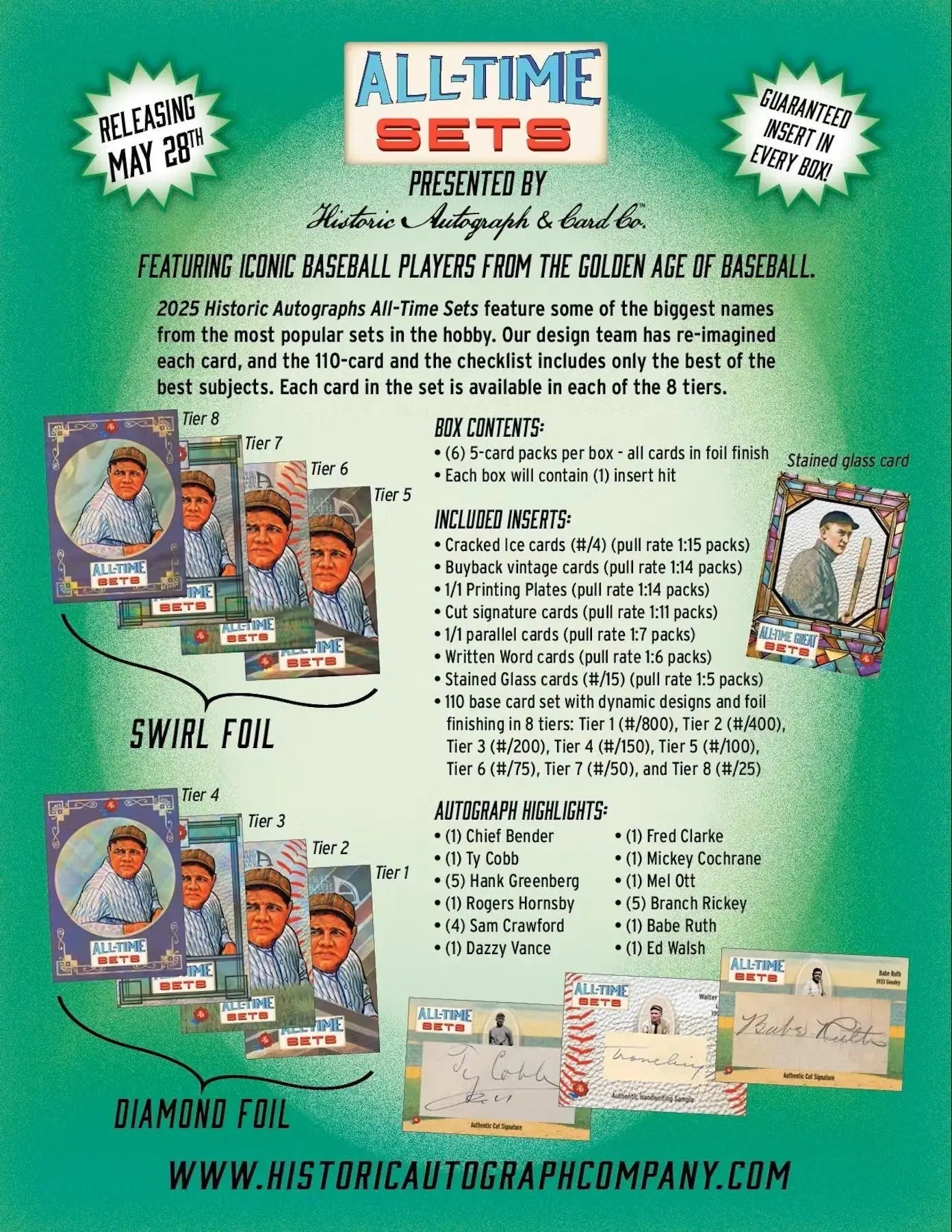 Promotional poster for collectible Historic Autographs 2025 Time Sets Baseball Hobby Box