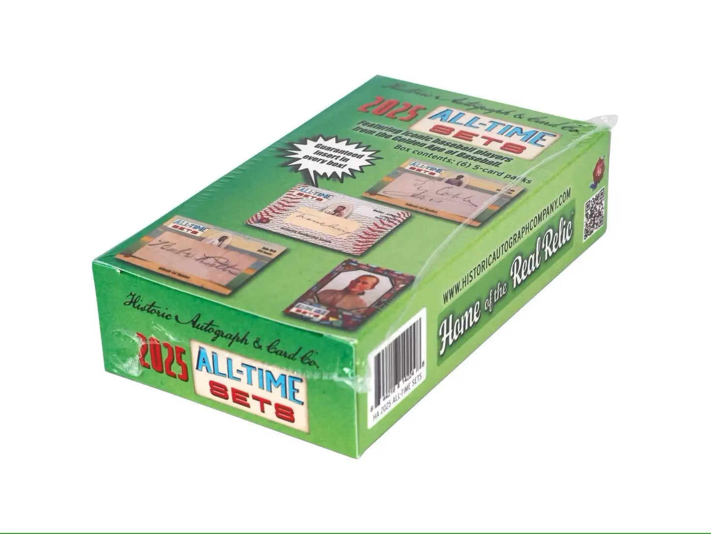 Green box of collectible trading cards from 2025 Historic Autographs All Time Sets Baseball Hobby Box