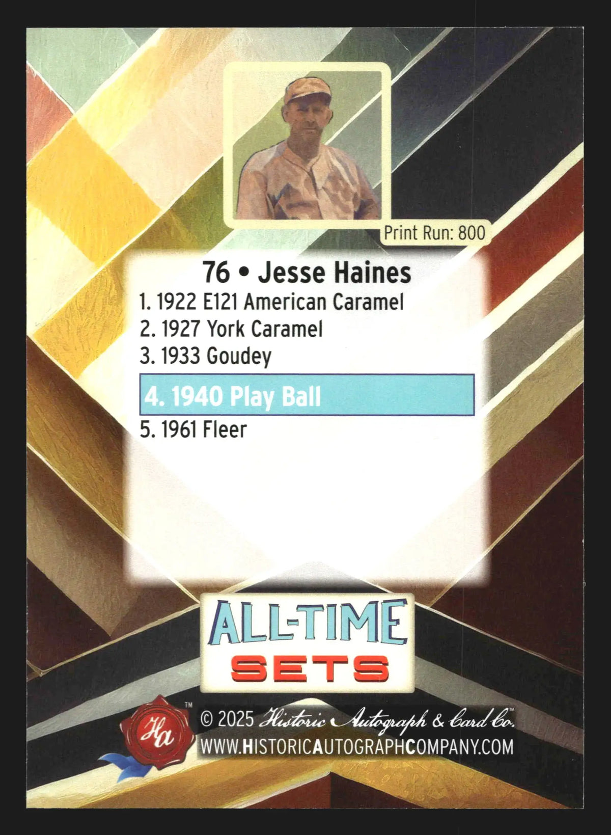 2025 Historic Autographs All-Time Sets Jesse Haines #76 Tier 1 /800 HOF - Baseball Card Single