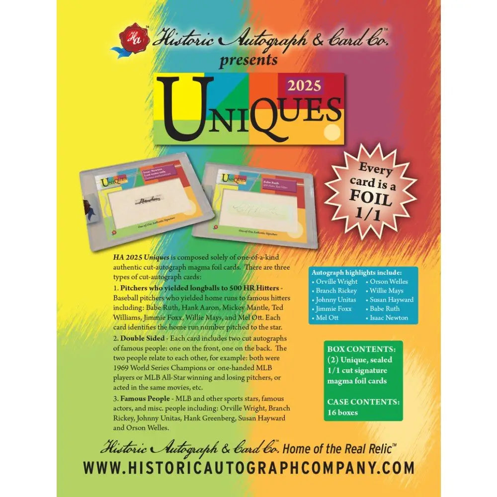 Baseball card advertisement showcasing 2025 Historic Autographs Uniques Hobby Box with cut signature and magma foil