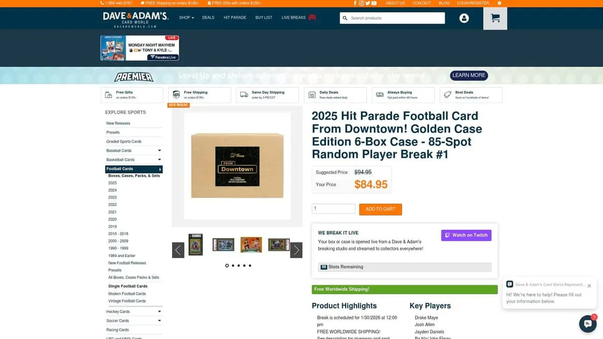 2025 Hit Parade Football Box Cards Golden Case Edition 6-Box Set