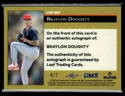 2025 Leaf Metal #LGR-BD1 Braylon Doughty 1992 Gold Leaf Rookies Pulsar Blue - Baseball Card Single
