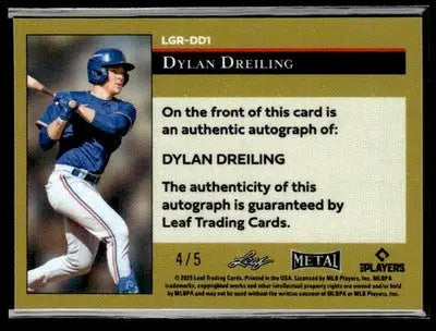 2025 Leaf Metal #LGR-DD1 Dylan Dreiling 1992 Gold Leaf Rookies Laser Silver - Baseball Card Single