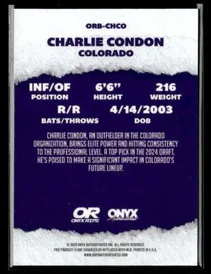 2025 Onyx Rips #ORB-CHCO Charlie Condon Refractor - Baseball Card Single