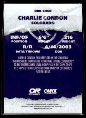 2025 Onyx Rips #ORB-CHCO Charlie Condon Refractor - Baseball Card Single