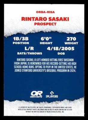 2025 Onyx Rips #ORBA-RISA Rintaro Sasaki - Baseball Card Single