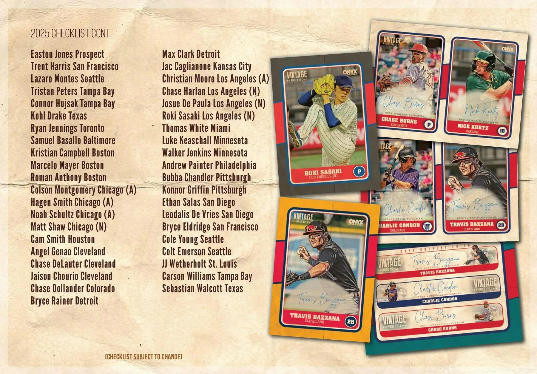 Checklist for 2025 Onyx Vintage Baseball Trading Cards with Los Angeles examples