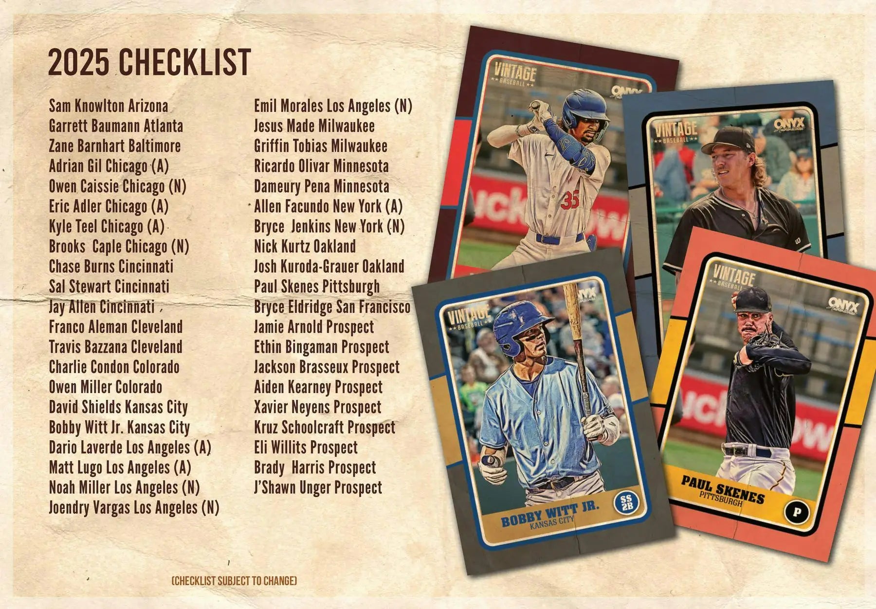 Checklist for Los Angeles vintage baseball card collectors with four Onyx Vintage cards