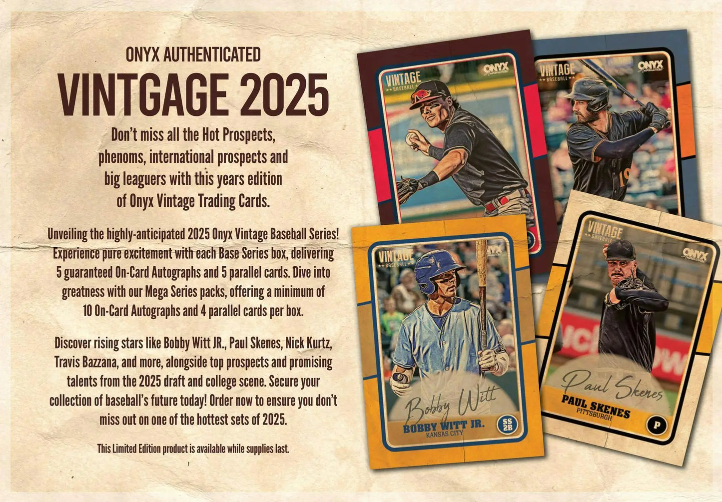 Promotional material for Onyx Vintage 2025 baseball trading cards in Los Angeles