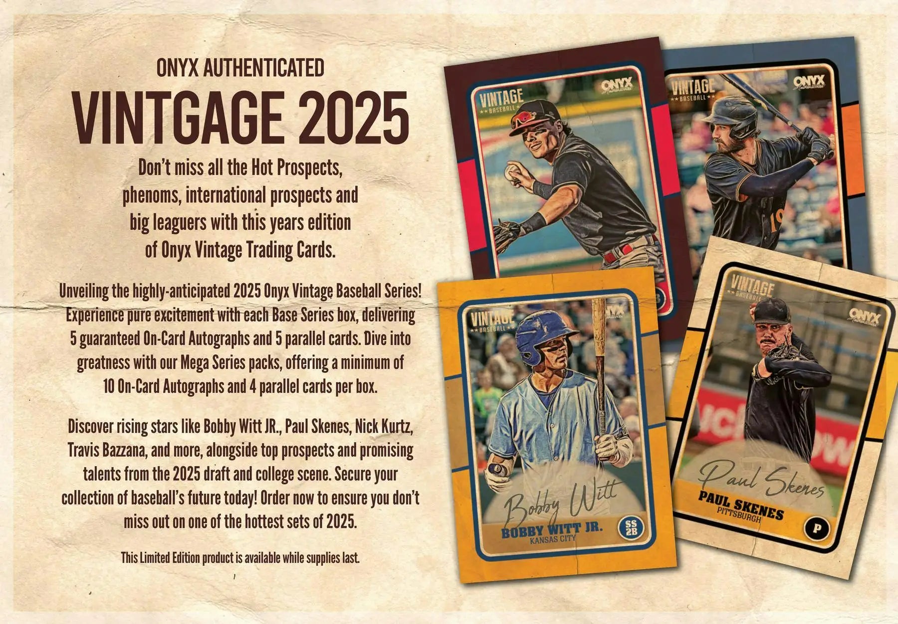 Promotional material for Onyx Vintage 2025 baseball trading cards in Los Angeles
