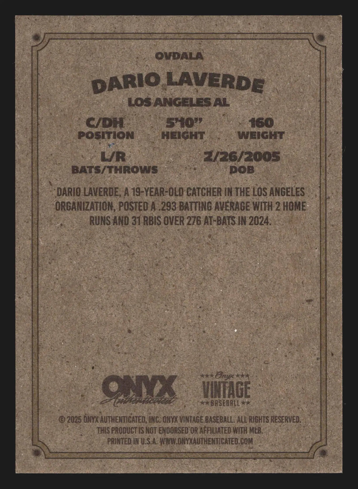 2025 Onyx Vintage Dario Laverde Angels Prospect - Baseball Card Single