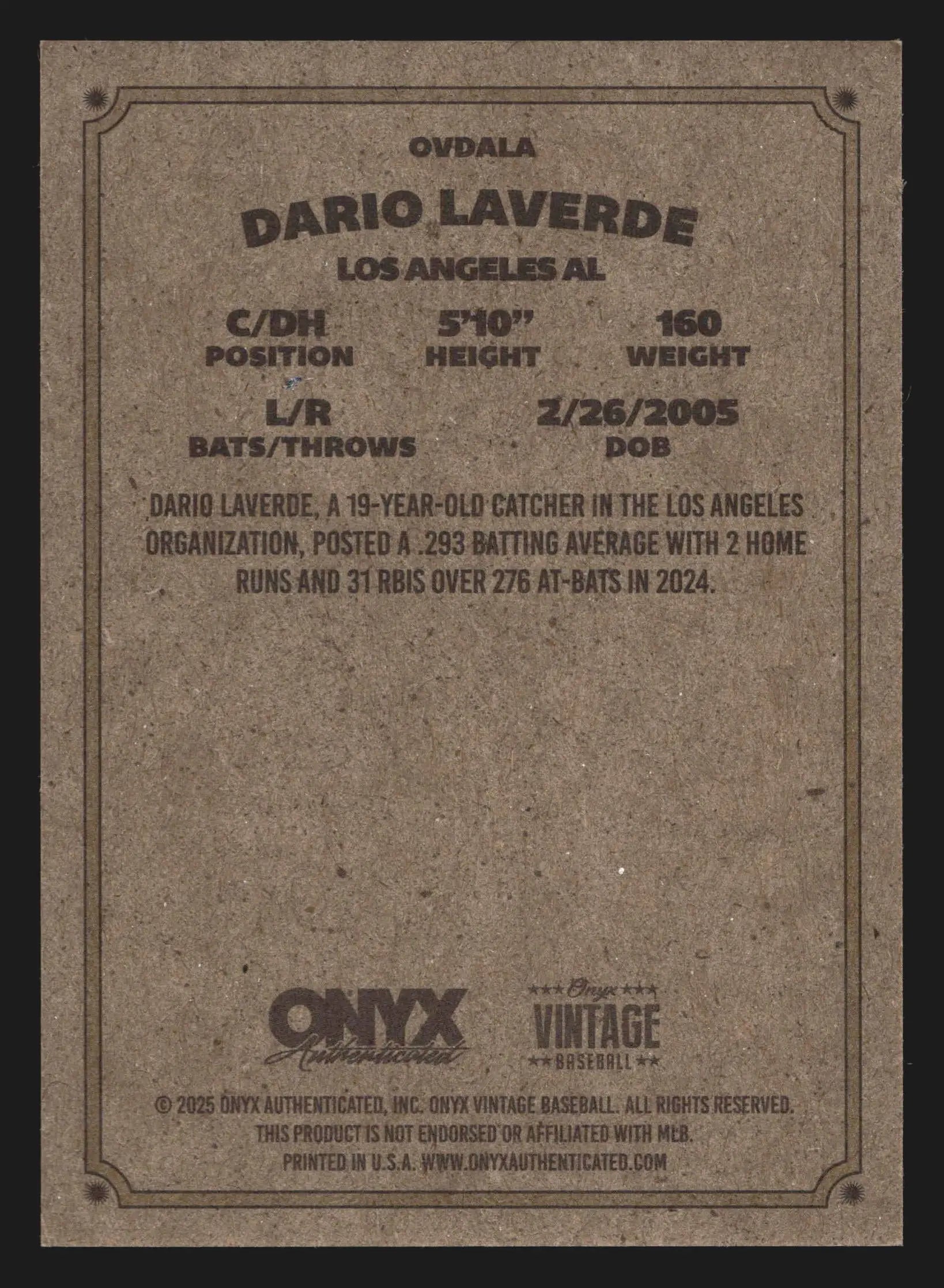 2025 Onyx Vintage Dario Laverde Angels Prospect - Baseball Card Single