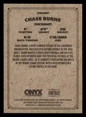 2025 Onyx Vintage #OVCHBU Chase Burns - Baseball Card Single
