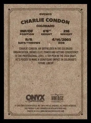2025 Onyx Vintage #OVCHCO Charlie Condon - Baseball Card Single