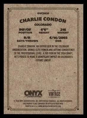 2025 Onyx Vintage #OVCHCO Charlie Condon - Baseball Card Single