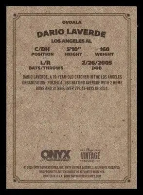 2025 Onyx Vintage #OVDALA Dario Laverde - Baseball Card Single