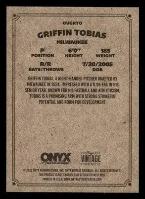 2025 Onyx Vintage #OVGRTO Griffin Tobias - Baseball Card Single