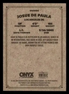 2025 Onyx Vintage #OVJODE Josue De Paula - Baseball Card Single