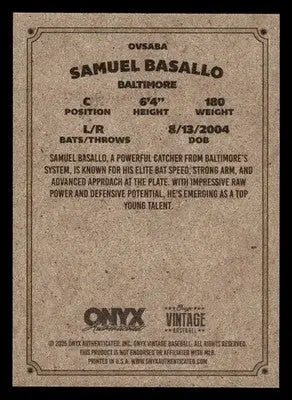 2025 Onyx Vintage #OVSABA Samuel Basallo - Baseball Card Single
