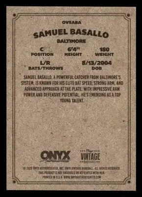 2025 Onyx Vintage #OVSABA Samuel Basallo - Baseball Card Single