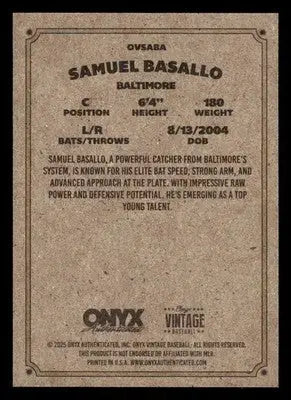 2025 Onyx Vintage #OVSABA Samuel Basallo - Baseball Card Single