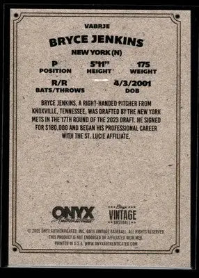 2025 Onyx Vintage #VABRJE Bryce Jenkins Autographs - Baseball Card Single