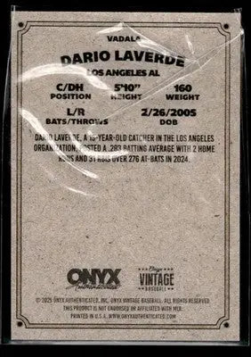 2025 Onyx Vintage #VADALA Dario Laverde Autographs - Baseball Card Single