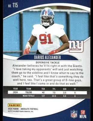 2025 Panini Absolute Football Darius Alexander #115 RC Football - Football Card Single