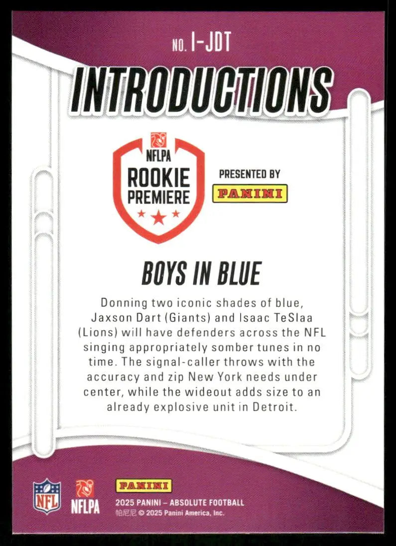 2025 Panini Absolute Football Introductions Isaac TeSlaa Jaxson Dart #I-JDT RC - Football Card Single