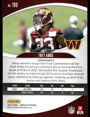 2025 Panini Absolute Football Trey Amos #190 RC Football - Football Card Single