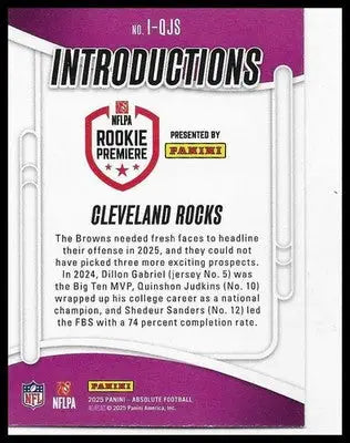 2025 Panini Absolute #I-QJS Browns Rookie Trio Intro Gabriel Judkins Sanders RC