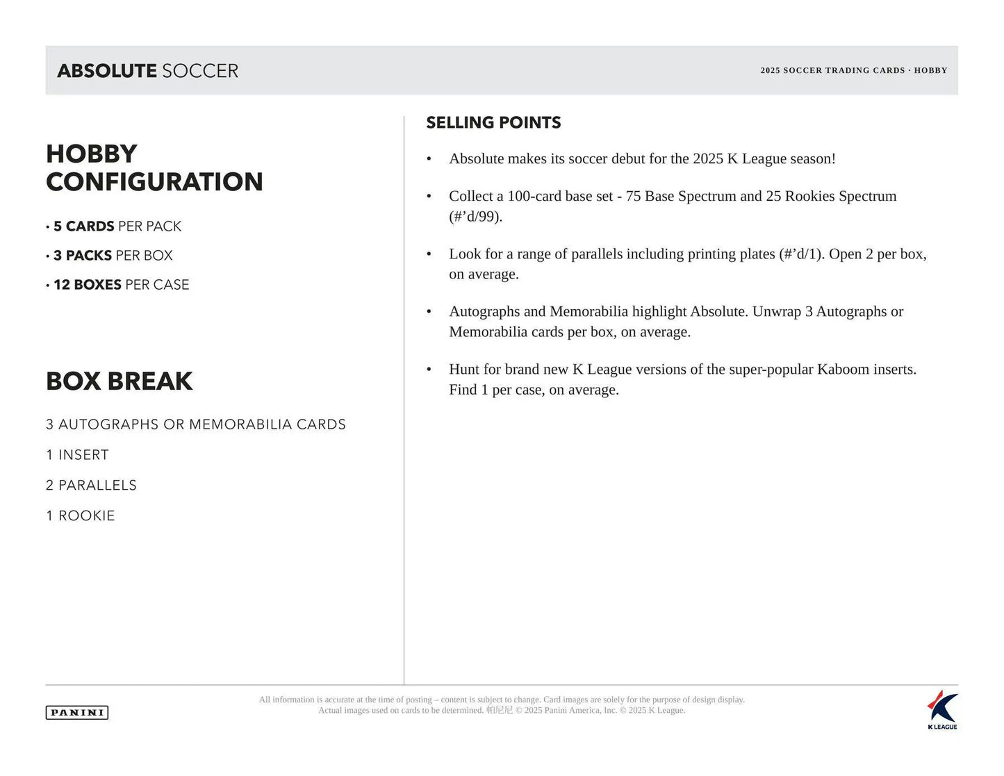 2025 Panini Absolute K League Soccer Hobby Box | Columbia Sports Cards - Sports Card Hobby Boxes