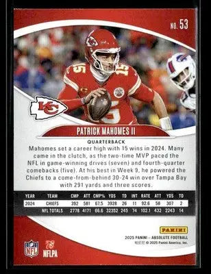 2025 Panini Absolute Patrick Mahomes II #53 Retail Kansas City Chiefs - Football Card Single