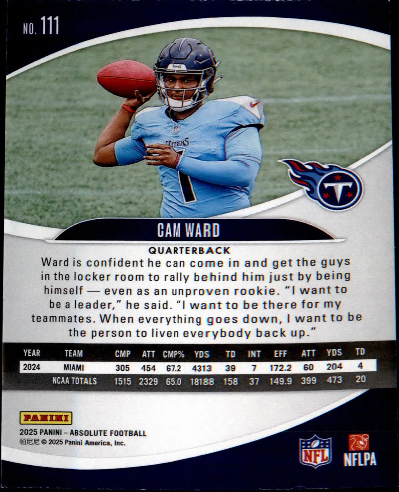 2025 Panini Absolute Retail #111 Cam Ward Rookie Rookie - Football Card Single