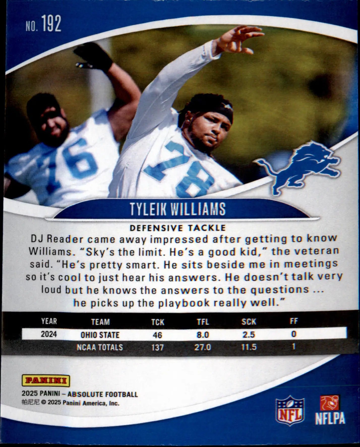 2025 Panini Absolute Retail #192 Tyleik Williams Rookie Rookie - Football Card Single