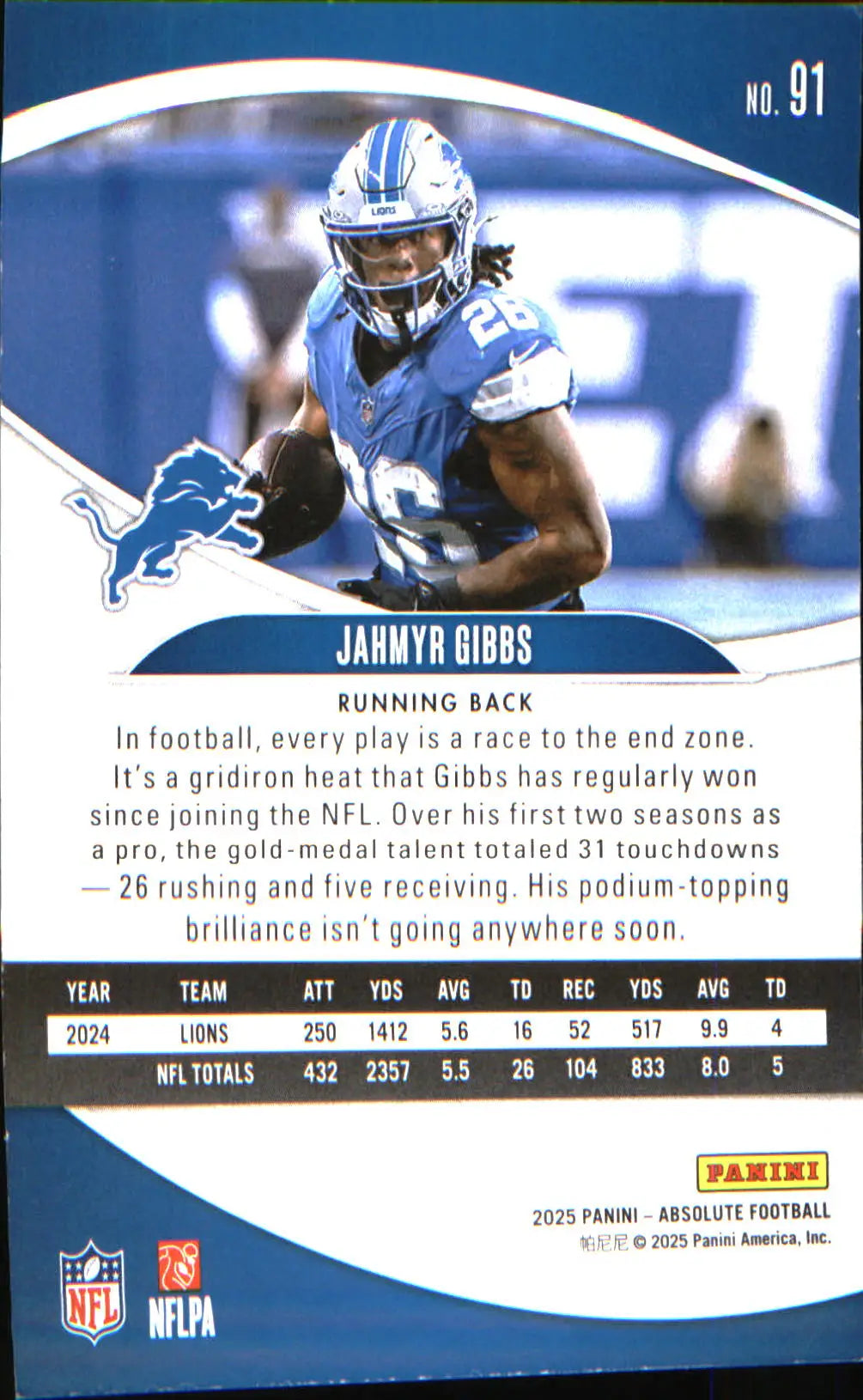 2025 Panini Absolute Retail #91 Jahmyr Gibbs - Football Card Single