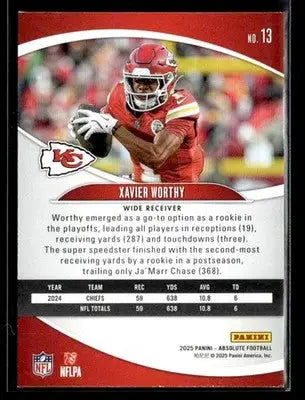 2025 Panini Absolute Xavier Worthy #13 Retail Kansas City Chiefs - Football Card Single