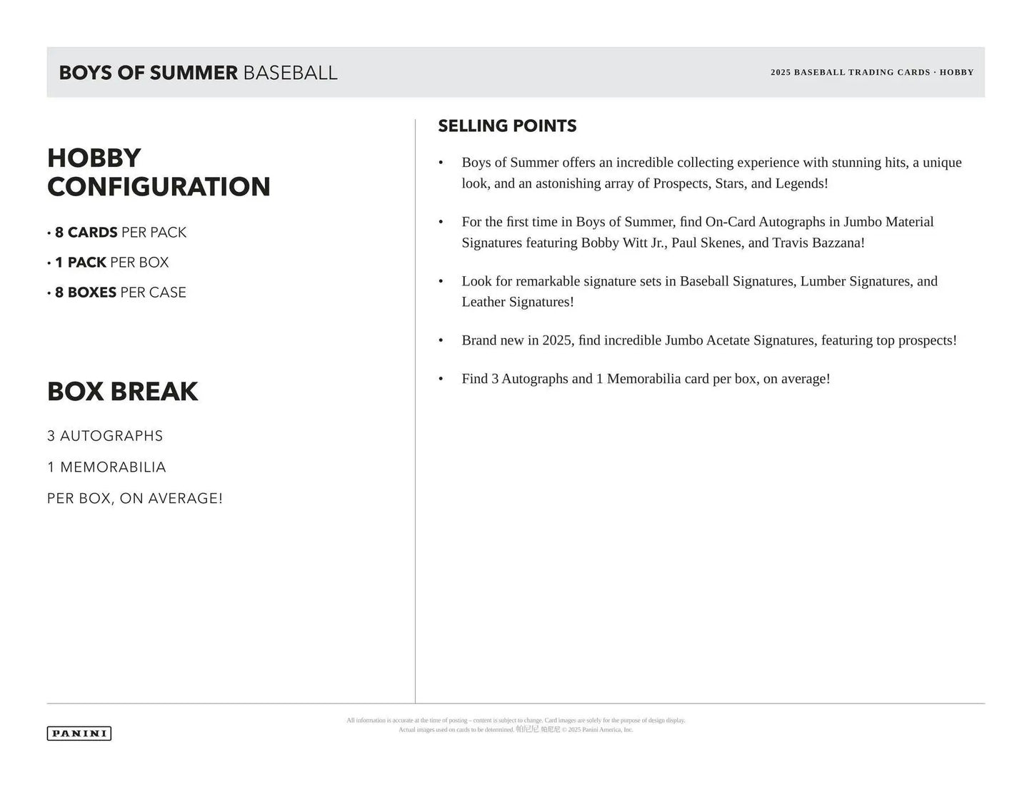 2025 Panini Boys of Summer Baseball Hobby Box | Columbia Sports Cards - Sports Card Hobby Boxes