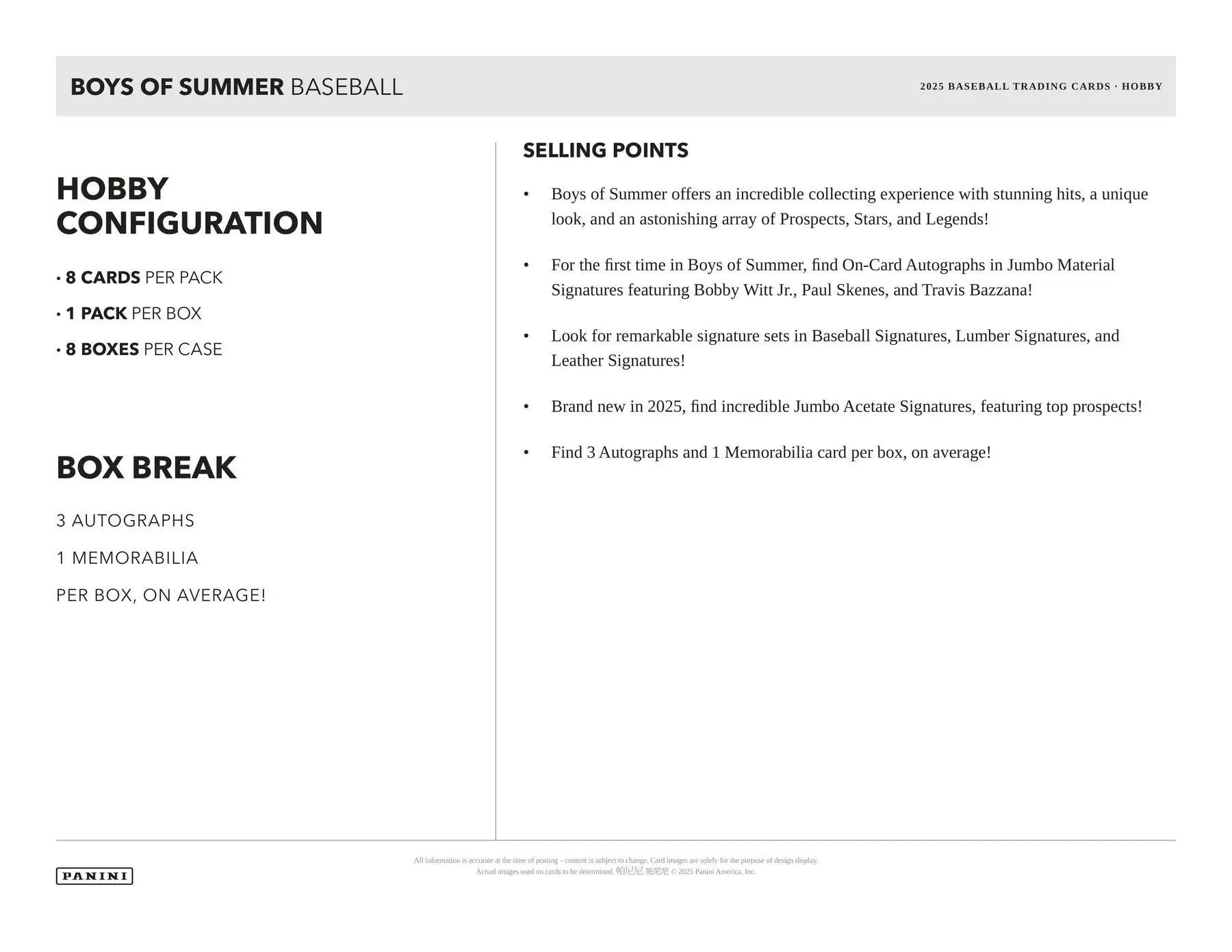 2025 Panini Boys of Summer Baseball Hobby Box | Columbia Sports Cards - Sports Card Hobby Boxes