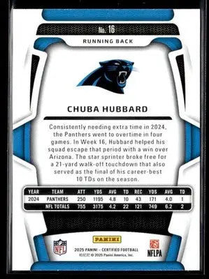 2025 Panini Certified Chuba Hubbard #16 Carolina Panthers - Football Card Single