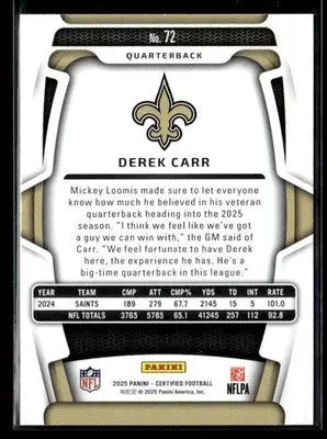 2025 Panini Certified Derek Carr #72 New Orleans Saints - Football Card Single
