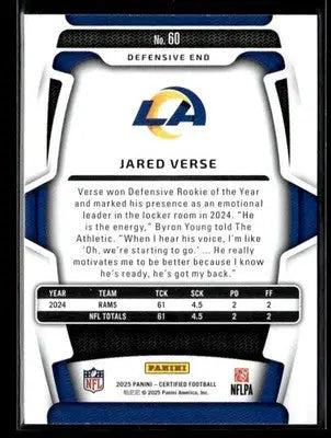 2025 Panini Certified Jared Verse #60 Los Angeles Rams