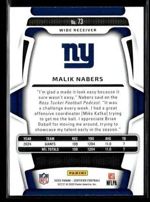 2025 Panini Certified Malik Nabers #73 New York Giants - Football Card Single