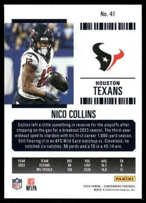 2025 Panini Contenders Football Nico Collins #41 Football - Football Card Single