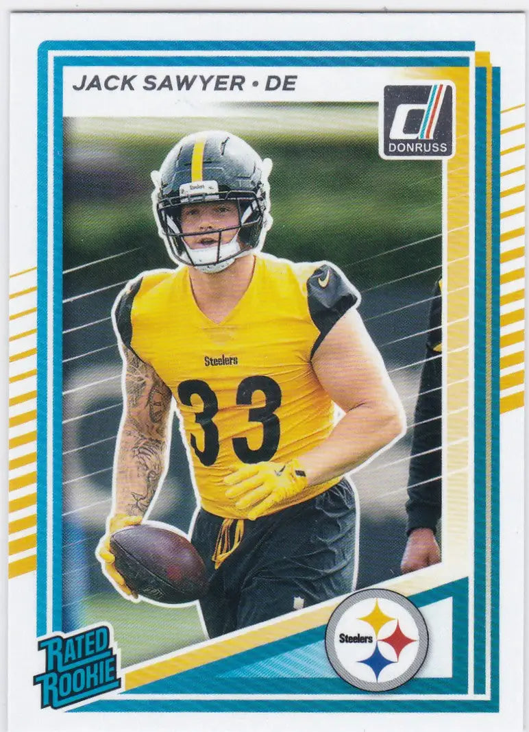 2023 Donruss Rated Rookie Jack Sawyer Steelers football trading card featuring Sawyer rated rookie aqueous test