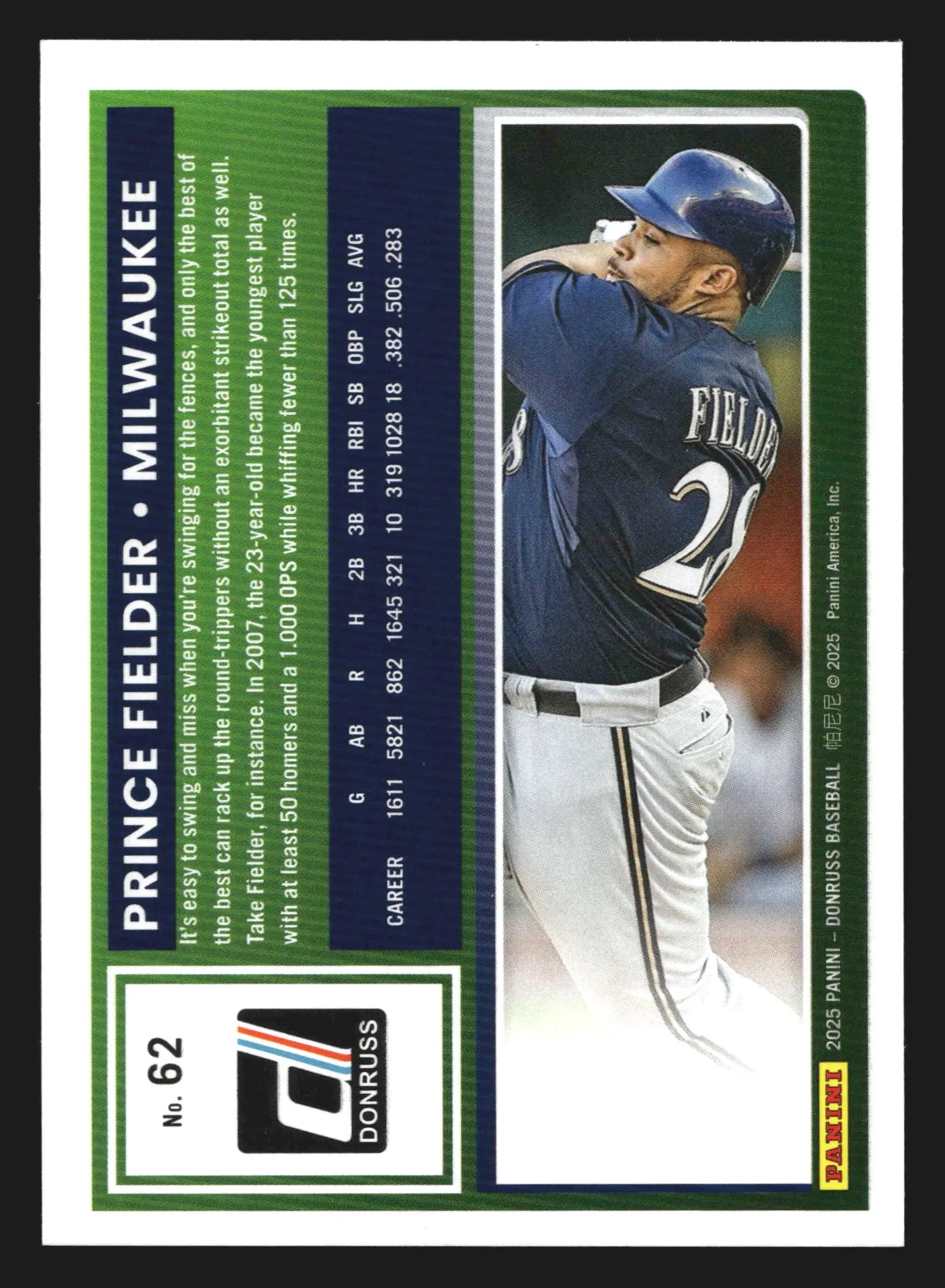 2025 Panini Donruss #62 Prince Fielder Milwaukee Brewers - Baseball Card Single
