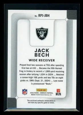 2025 Panini Donruss Football Rookie Phenom Jack Bech #RPJ-JBH Jersey Patch